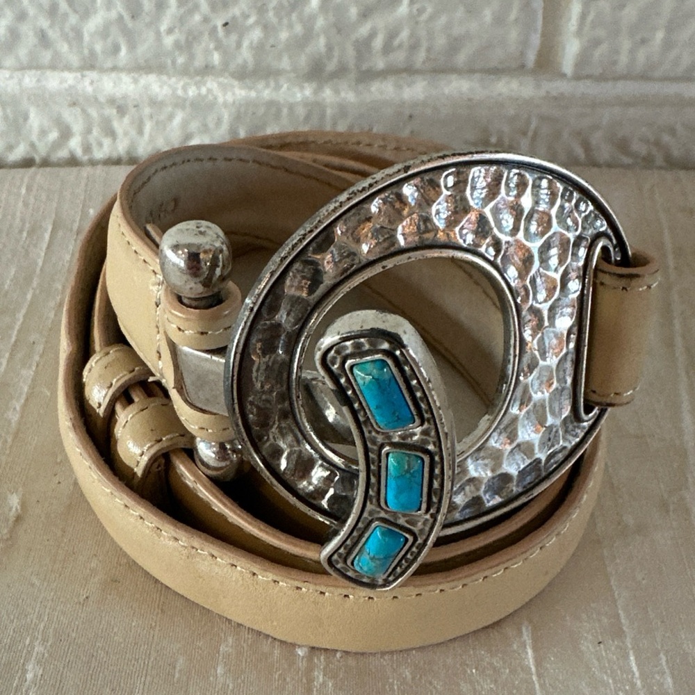 CREAM LEATHER Belt with Silver and Turquoise Buckle XL